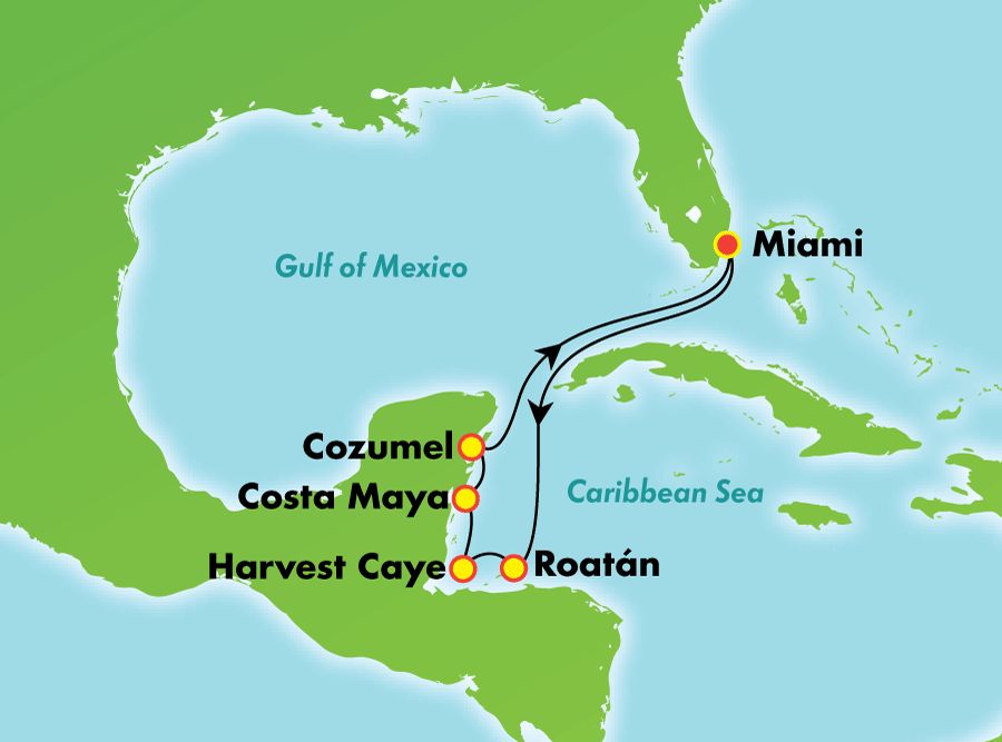 Caribbean: Great Stirrup Cay & Harvest Caye Itinerary Map